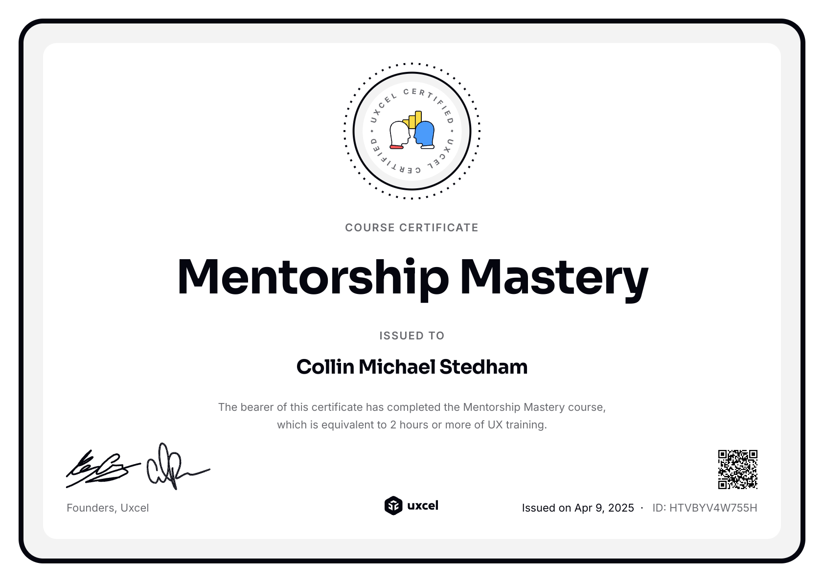 Collin Stedham's certificate